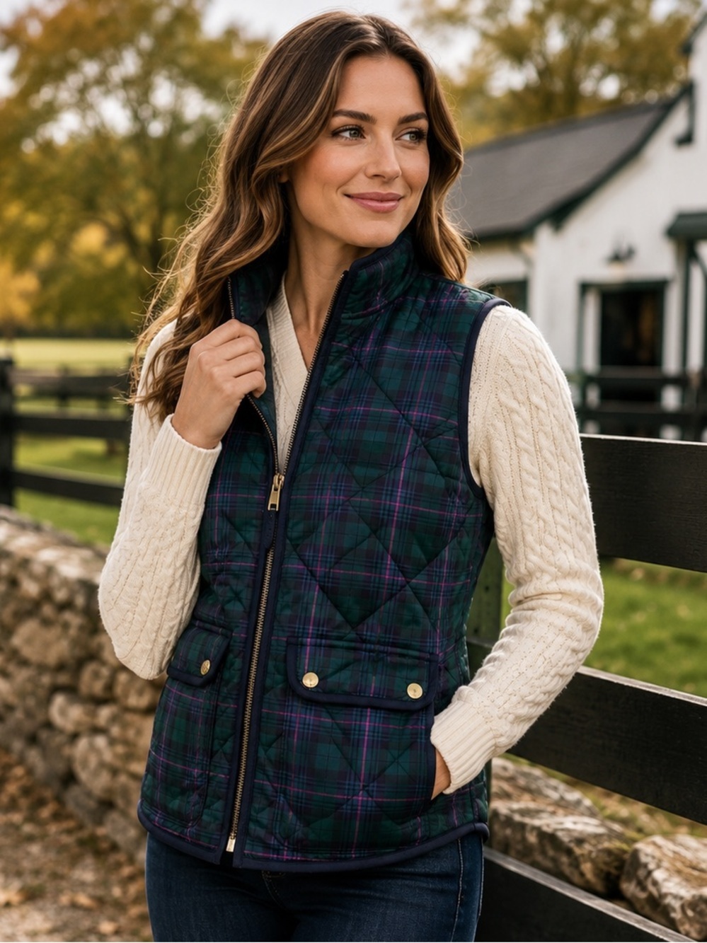 J.Crew Black Watch Tartan Plaid Quilted Vest Heritage Prep XS